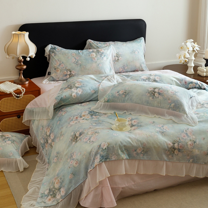 91家纺网 家纺一手货源 找家纺 卡姿家纺 2026春夏全棉法式复古油画风花边款四件套 风香花倦