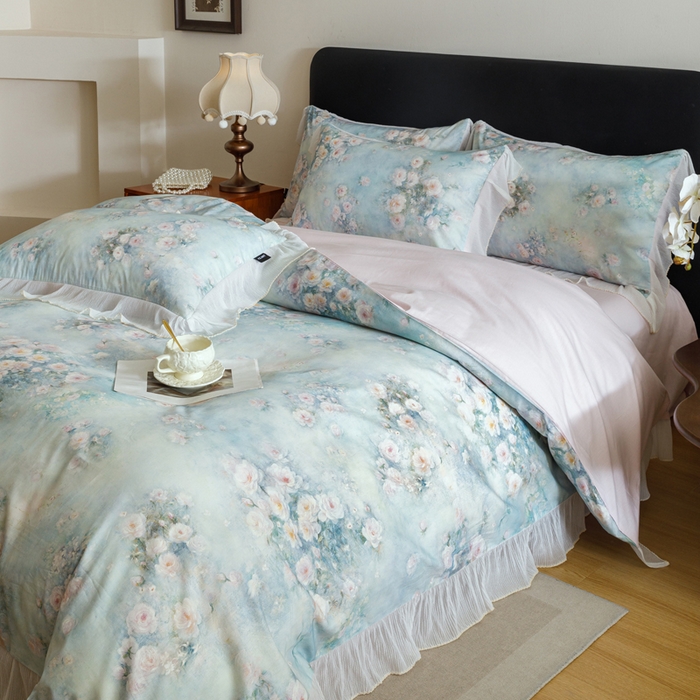 91家纺网 家纺一手货源 找家纺 卡姿家纺 2026春夏全棉法式复古油画风花边款四件套 风香花倦