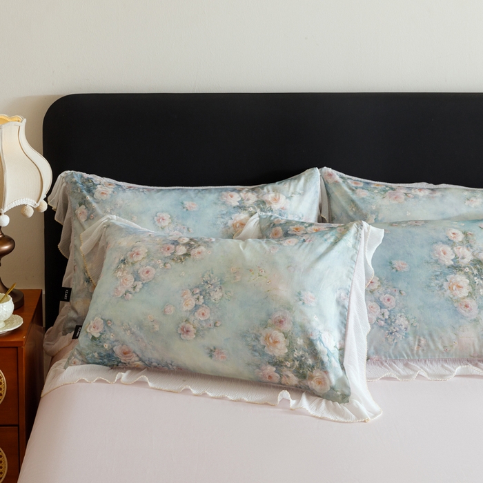 91家纺网 家纺一手货源 找家纺 卡姿家纺 2026春夏全棉法式复古油画风花边款四件套 风香花倦