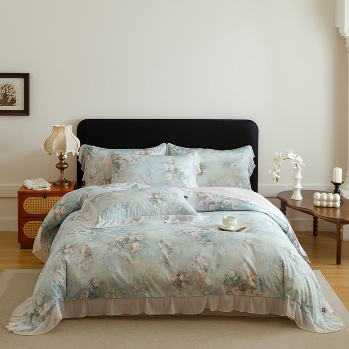 91家纺网 家纺一手货源 找家纺 卡姿家纺 2026春夏全棉法式复古油画风花边款四件套 风香花倦