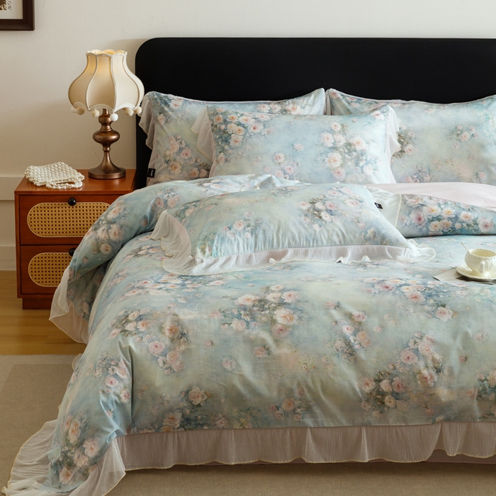 91家纺网 家纺一手货源 找家纺 卡姿家纺 2026春夏全棉法式复古油画风花边款四件套 风香花倦