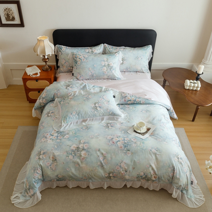 91家纺网 家纺一手货源 找家纺 卡姿家纺 2026春夏全棉法式复古油画风花边款四件套 风香花倦