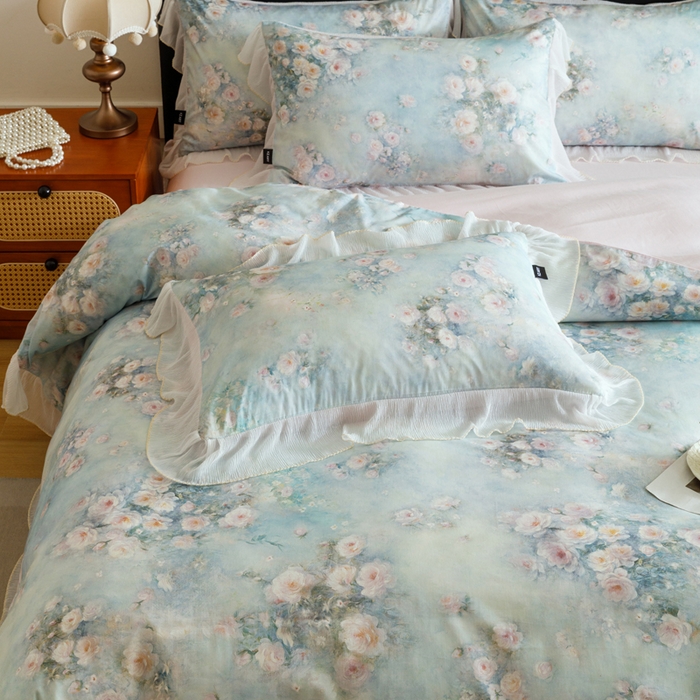 91家纺网 家纺一手货源 找家纺 卡姿家纺 2026春夏全棉法式复古油画风花边款四件套 风香花倦