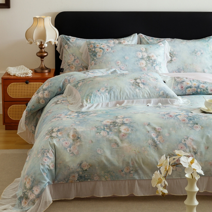 91家纺网 家纺一手货源 找家纺 卡姿家纺 2026春夏全棉法式复古油画风花边款四件套 风香花倦