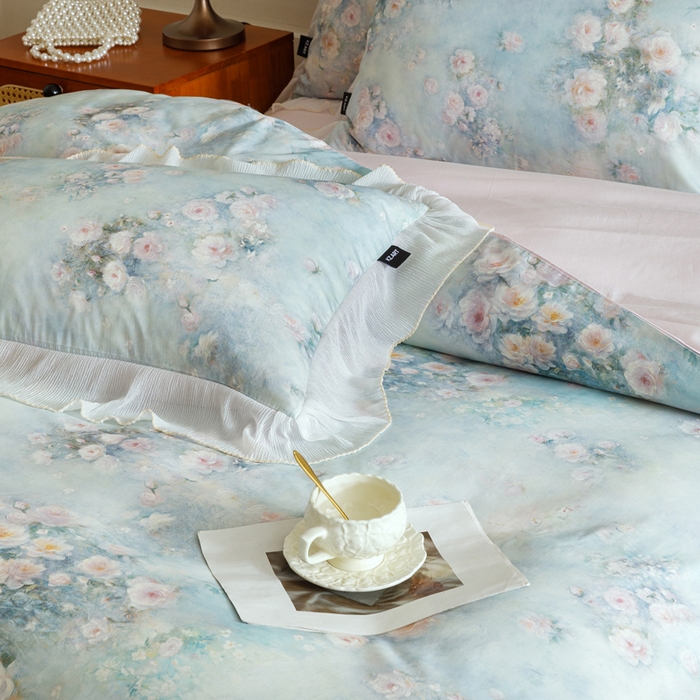 91家纺网 家纺一手货源 找家纺 卡姿家纺 2026春夏全棉法式复古油画风花边款四件套 风香花倦