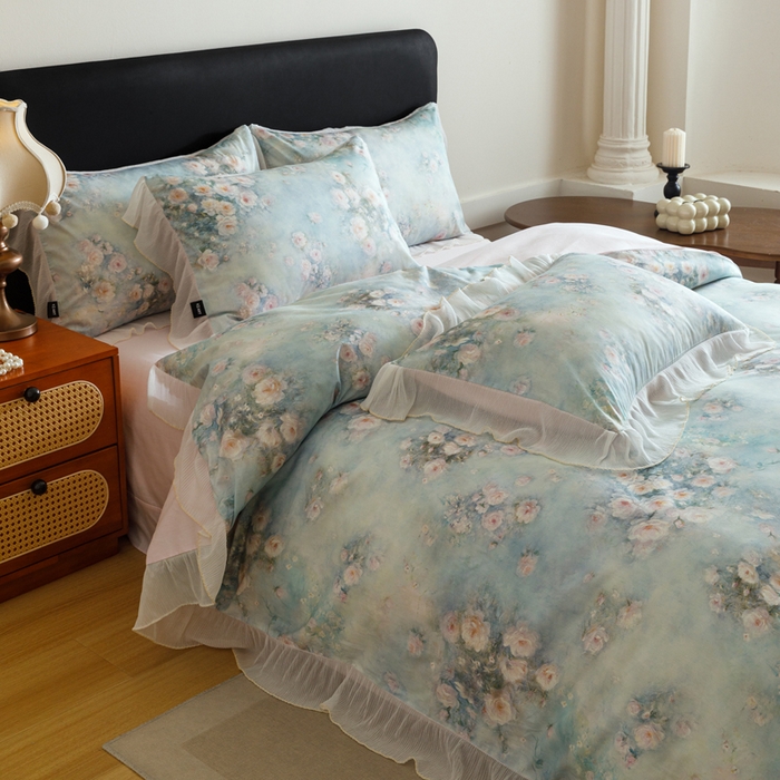 91家纺网 家纺一手货源 找家纺 卡姿家纺 2026春夏全棉法式复古油画风花边款四件套 风香花倦