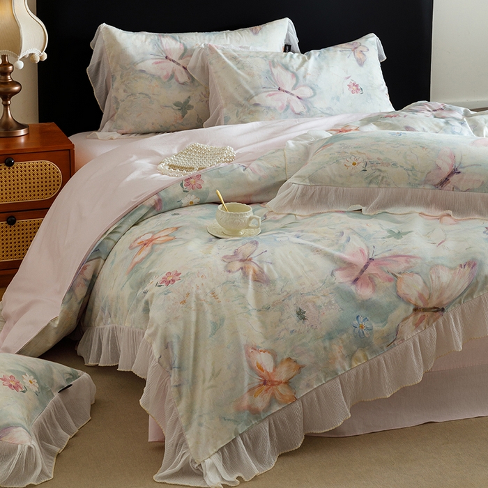 卡姿家纺 2026春夏全棉法式复古油画风花边款四件套 假日蝶梦