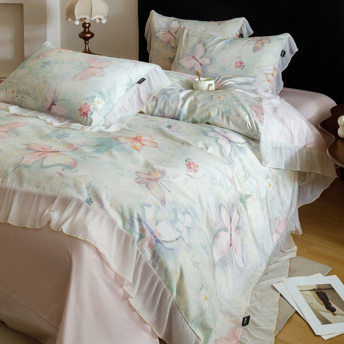 91家纺网 家纺一手货源 找家纺 卡姿家纺 2026春夏全棉法式复古油画风花边款四件套 假日蝶梦