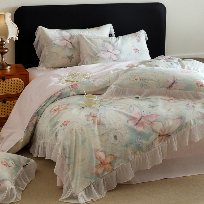 91家纺网 家纺一手货源 找家纺 卡姿家纺 2026春夏全棉法式复古油画风花边款四件套 假日蝶梦