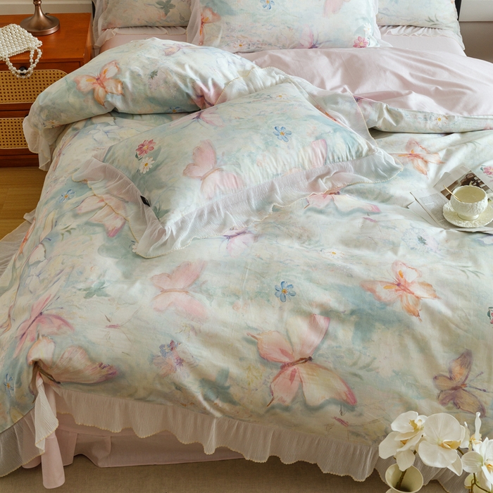 91家纺网 家纺一手货源 找家纺 卡姿家纺 2026春夏全棉法式复古油画风花边款四件套 假日蝶梦