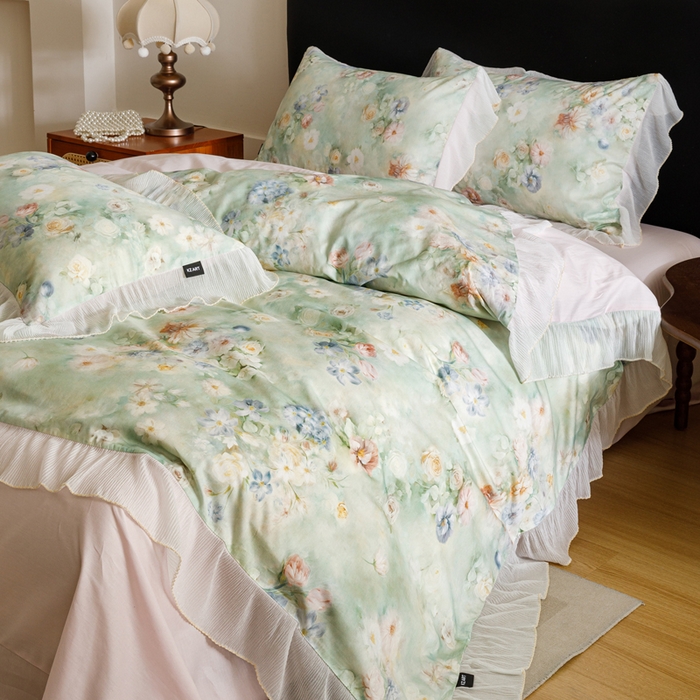 91家纺网 家纺一手货源 找家纺 卡姿家纺 2026春夏全棉法式复古油画风花边款四件套 娇韵诗兰