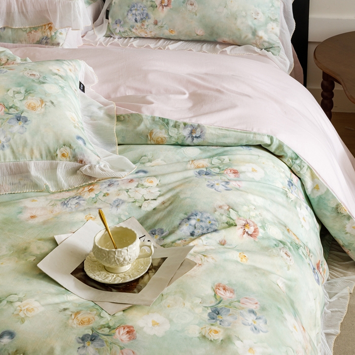 91家纺网 家纺一手货源 找家纺 卡姿家纺 2026春夏全棉法式复古油画风花边款四件套 娇韵诗兰