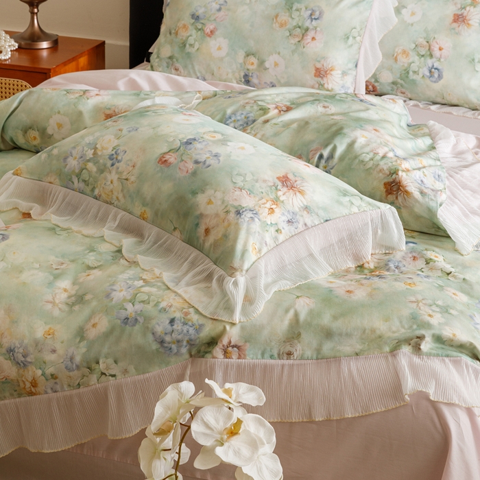 91家纺网 家纺一手货源 找家纺 卡姿家纺 2026春夏全棉法式复古油画风花边款四件套 娇韵诗兰