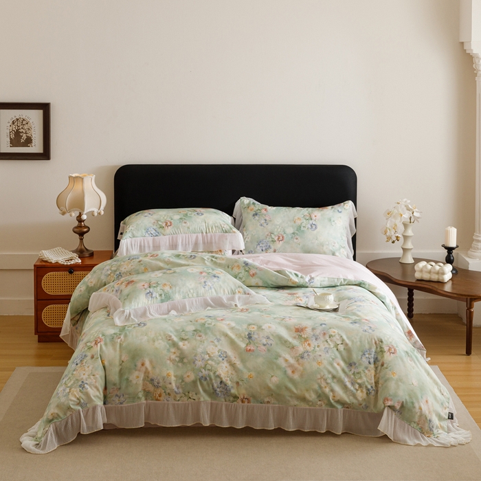 91家纺网 家纺一手货源 找家纺 卡姿家纺 2026春夏全棉法式复古油画风花边款四件套 娇韵诗兰