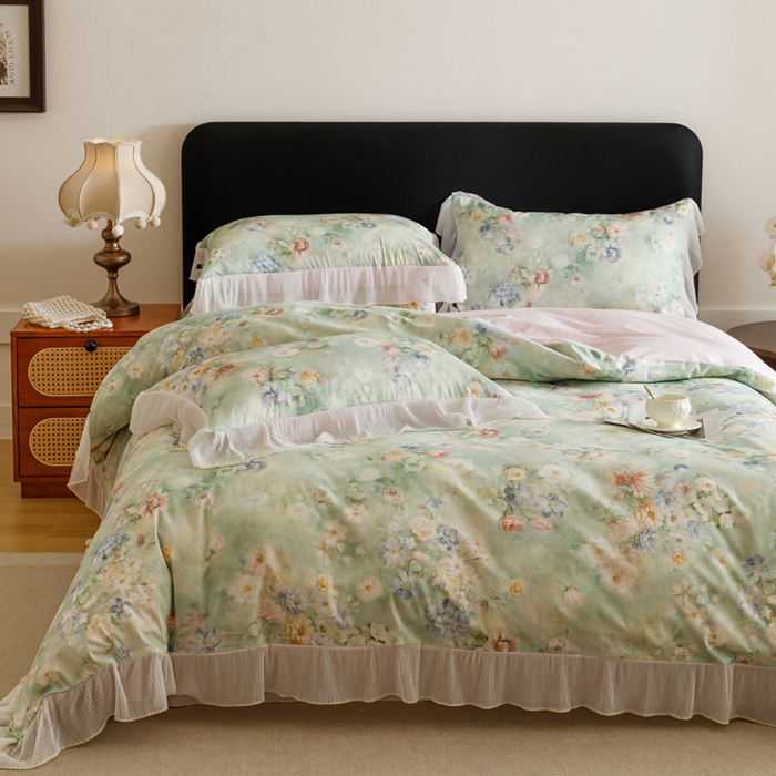 91家纺网 家纺一手货源 找家纺 卡姿家纺 2026春夏全棉法式复古油画风花边款四件套 娇韵诗兰