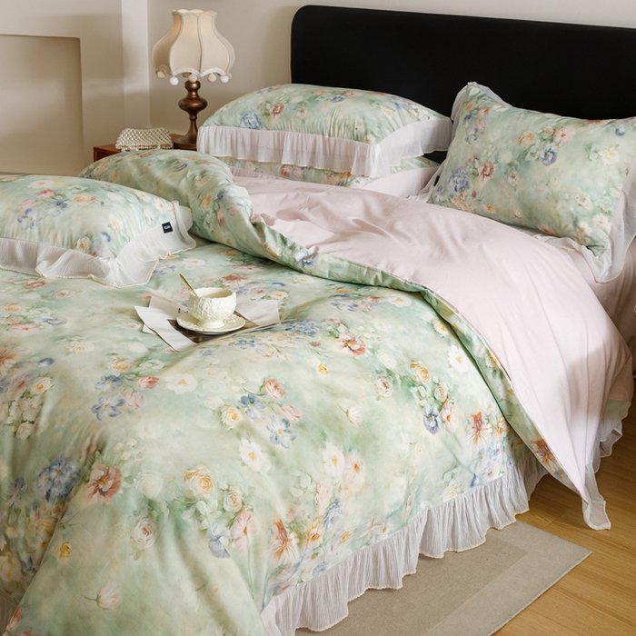 91家纺网 家纺一手货源 找家纺 卡姿家纺 2026春夏全棉法式复古油画风花边款四件套 娇韵诗兰