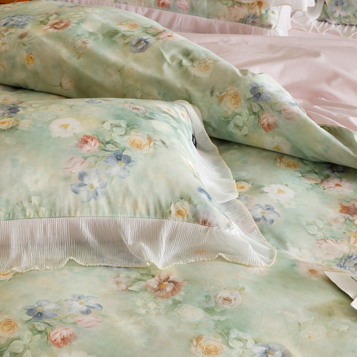 91家纺网 家纺一手货源 找家纺 卡姿家纺 2026春夏全棉法式复古油画风花边款四件套 娇韵诗兰