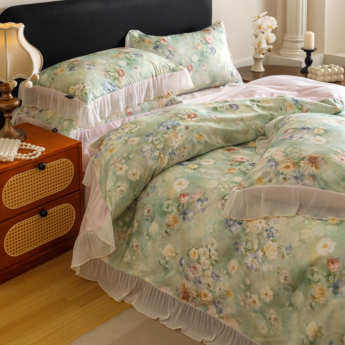 91家纺网 家纺一手货源 找家纺 卡姿家纺 2026春夏全棉法式复古油画风花边款四件套 娇韵诗兰