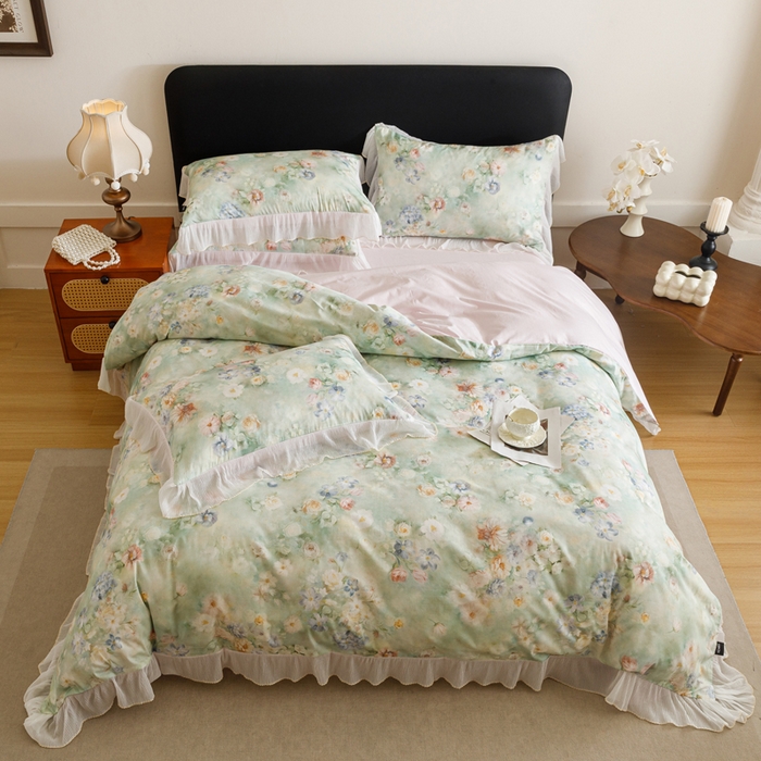 91家纺网 家纺一手货源 找家纺 卡姿家纺 2026春夏全棉法式复古油画风花边款四件套 娇韵诗兰