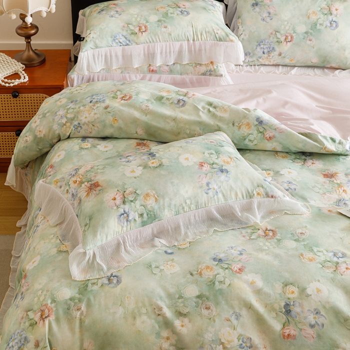 91家纺网 家纺一手货源 找家纺 卡姿家纺 2026春夏全棉法式复古油画风花边款四件套 娇韵诗兰