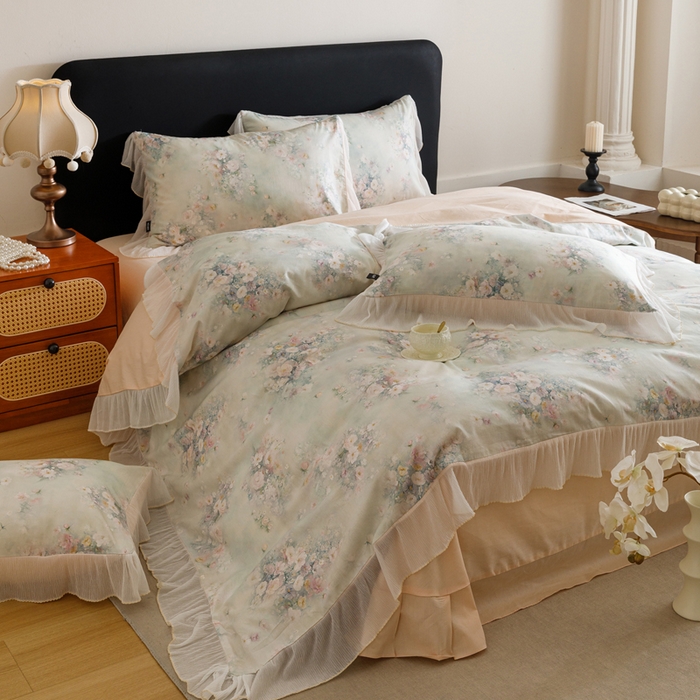 91家纺网 家纺一手货源 找家纺 卡姿家纺 2026春夏全棉法式复古油画风花边款四件套 西曼花诗