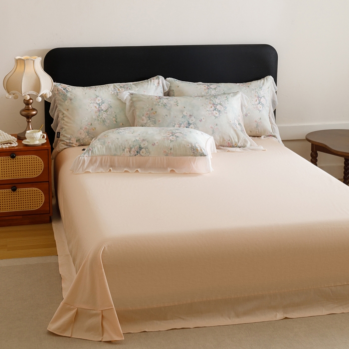 91家纺网 家纺一手货源 找家纺 卡姿家纺 2026春夏全棉法式复古油画风花边款四件套 西曼花诗