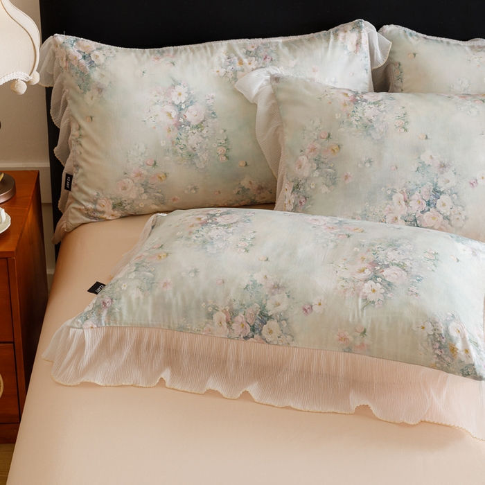 91家纺网 家纺一手货源 找家纺 卡姿家纺 2026春夏全棉法式复古油画风花边款四件套 西曼花诗