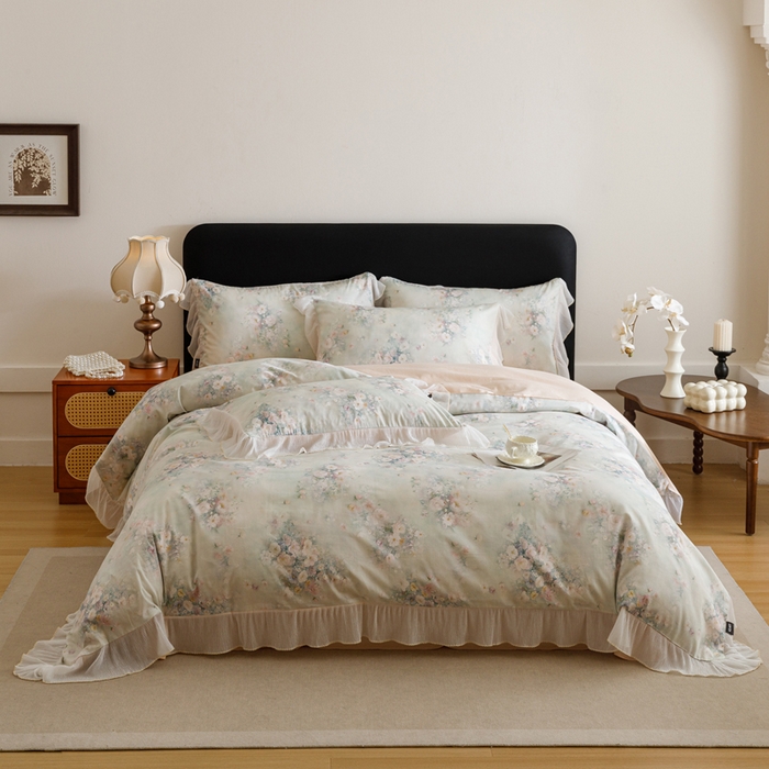 91家纺网 家纺一手货源 找家纺 卡姿家纺 2026春夏全棉法式复古油画风花边款四件套 西曼花诗