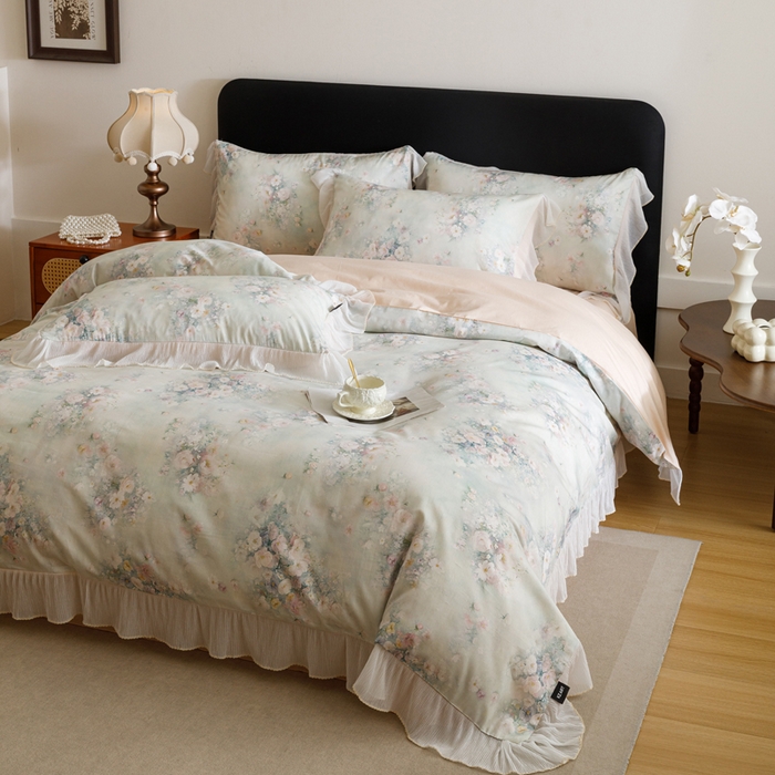 91家纺网 家纺一手货源 找家纺 卡姿家纺 2026春夏全棉法式复古油画风花边款四件套 西曼花诗