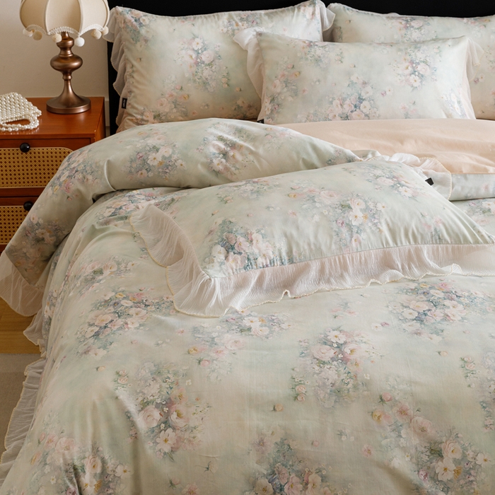 91家纺网 家纺一手货源 找家纺 卡姿家纺 2026春夏全棉法式复古油画风花边款四件套 西曼花诗