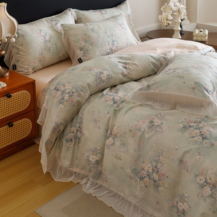 91家纺网 家纺一手货源 找家纺 卡姿家纺 2026春夏全棉法式复古油画风花边款四件套 西曼花诗