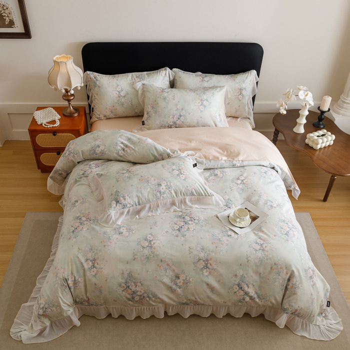 91家纺网 家纺一手货源 找家纺 卡姿家纺 2026春夏全棉法式复古油画风花边款四件套 西曼花诗