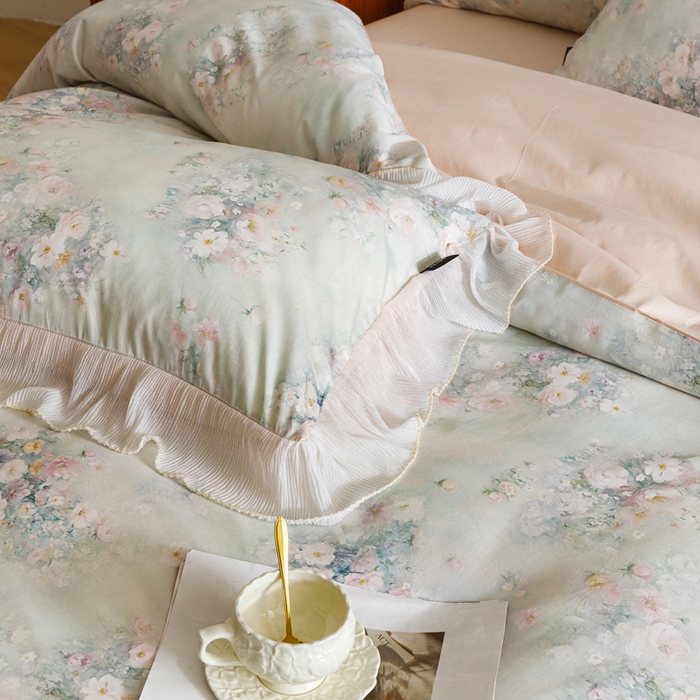 91家纺网 家纺一手货源 找家纺 卡姿家纺 2026春夏全棉法式复古油画风花边款四件套 西曼花诗