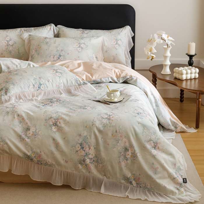 91家纺网 家纺一手货源 找家纺 卡姿家纺 2026春夏全棉法式复古油画风花边款四件套 西曼花诗