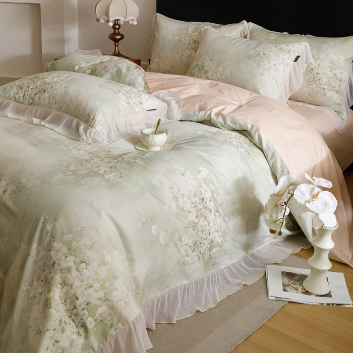 91家纺网 家纺一手货源 找家纺 卡姿家纺 2026春夏全棉法式复古油画风花边款四件套 绽放序曲