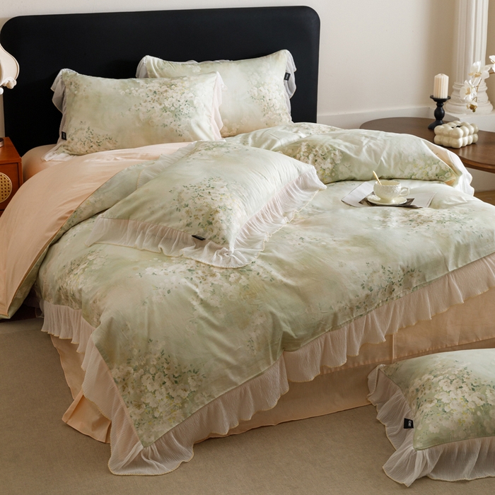 91家纺网 家纺一手货源 找家纺 卡姿家纺 2026春夏全棉法式复古油画风花边款四件套 绽放序曲