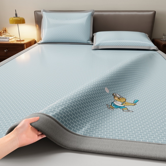 人人爱家纺 2026新款提花冰丝凉席-棒球熊 棒球熊立体格蓝色