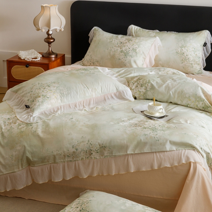 91家纺网 家纺一手货源 找家纺 卡姿家纺 2026春夏全棉法式复古油画风花边款四件套 绽放序曲