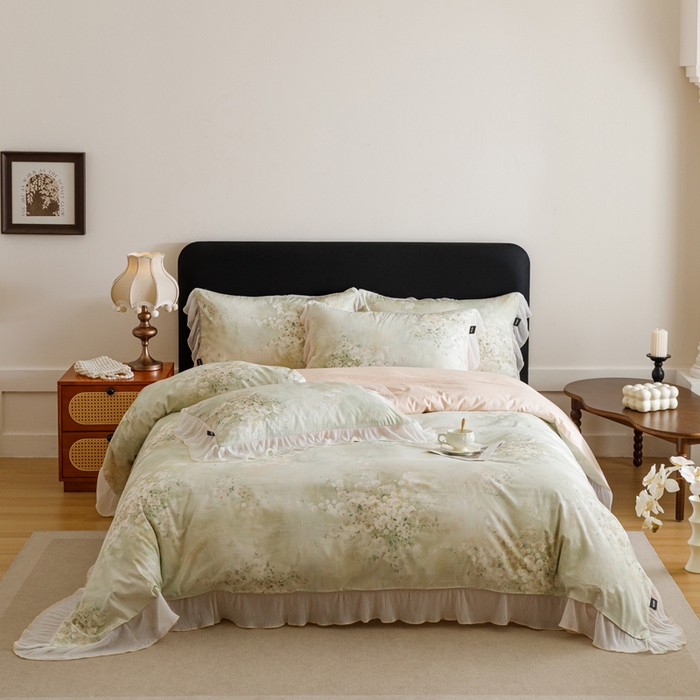 91家纺网 家纺一手货源 找家纺 卡姿家纺 2026春夏全棉法式复古油画风花边款四件套 绽放序曲