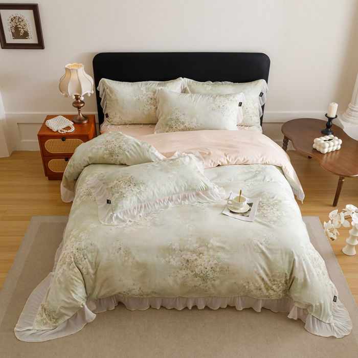 91家纺网 家纺一手货源 找家纺 卡姿家纺 2026春夏全棉法式复古油画风花边款四件套 绽放序曲