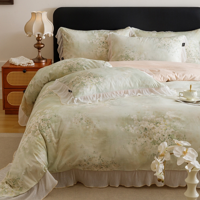 91家纺网 家纺一手货源 找家纺 卡姿家纺 2026春夏全棉法式复古油画风花边款四件套 绽放序曲