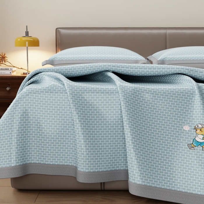 91家纺网 家纺一手货源 找家纺 人人爱家纺 2026新款提花冰丝凉席-棒球熊 棒球熊立体格蓝色