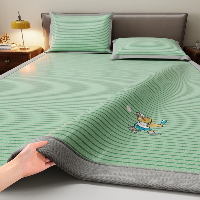 人人爱家纺 2026新款提花冰丝凉席-棒球熊 棒球熊抹茶绿条纹