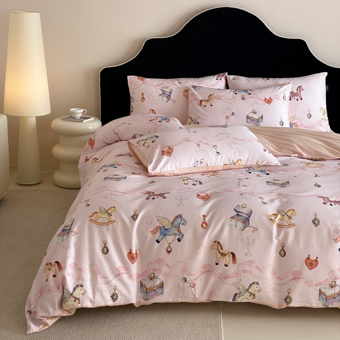 91家纺网 家纺一手货源 找家纺 卡姿家纺 2026春夏全棉60支长绒棉数码印花四件套—有钱花 有钱花-粉