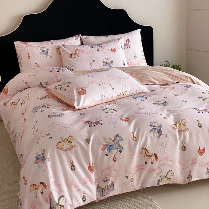 91家纺网 家纺一手货源 找家纺 卡姿家纺 2026春夏全棉60支长绒棉数码印花四件套—有钱花 有钱花-粉