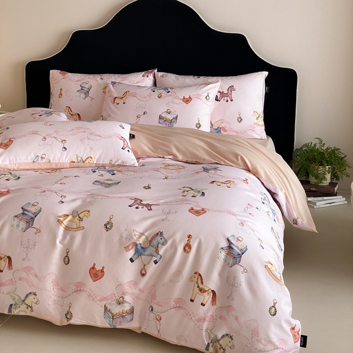 91家纺网 家纺一手货源 找家纺 卡姿家纺 2026春夏全棉60支长绒棉数码印花四件套—有钱花 有钱花-粉