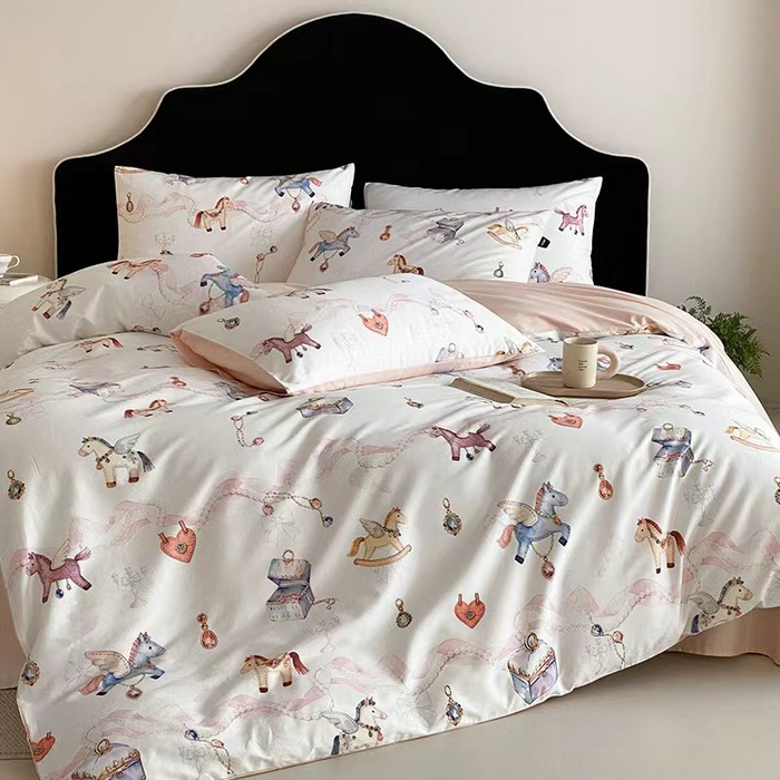 卡姿家纺 2026春夏全棉60支长绒棉数码印花四件套—有钱花 有钱花-奶白