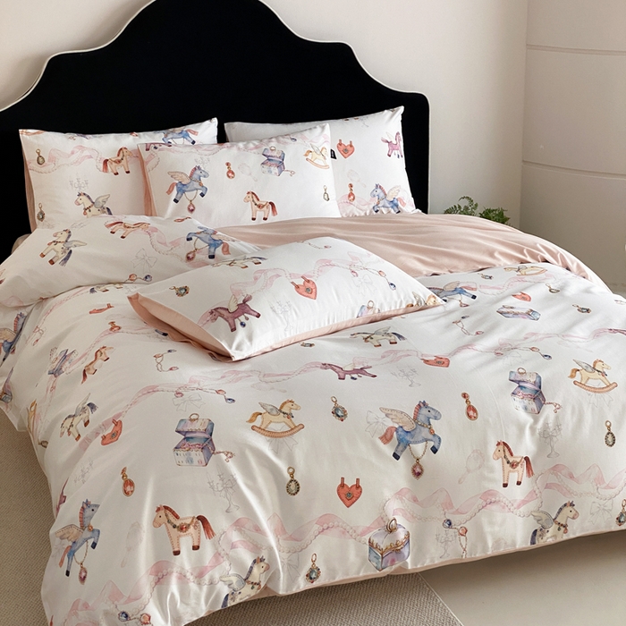 91家纺网 家纺一手货源 找家纺 卡姿家纺 2026春夏全棉60支长绒棉数码印花四件套—有钱花 有钱花-奶白