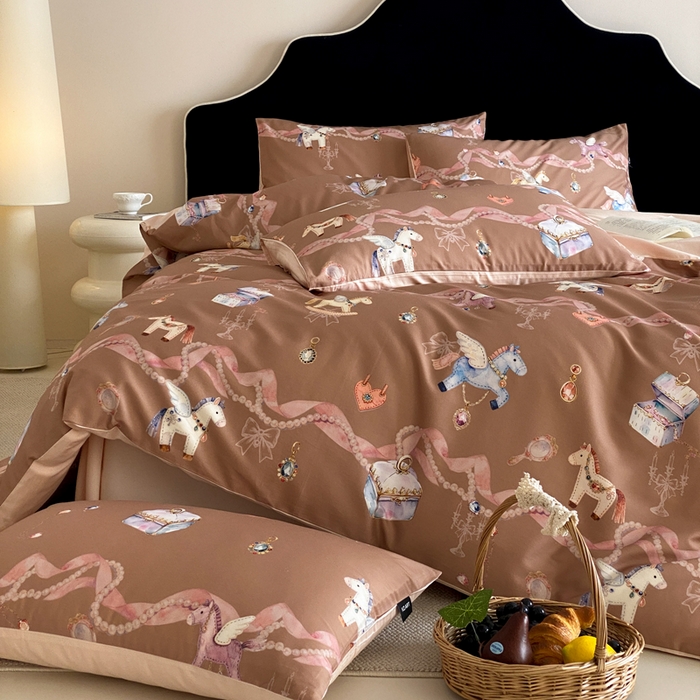 91家纺网 家纺一手货源 找家纺 卡姿家纺 2026春夏全棉60支长绒棉数码印花四件套—有钱花 有钱花-棕