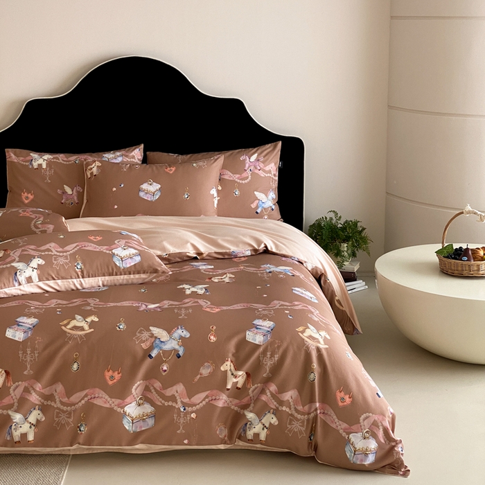 91家纺网 家纺一手货源 找家纺 卡姿家纺 2026春夏全棉60支长绒棉数码印花四件套—有钱花 有钱花-棕